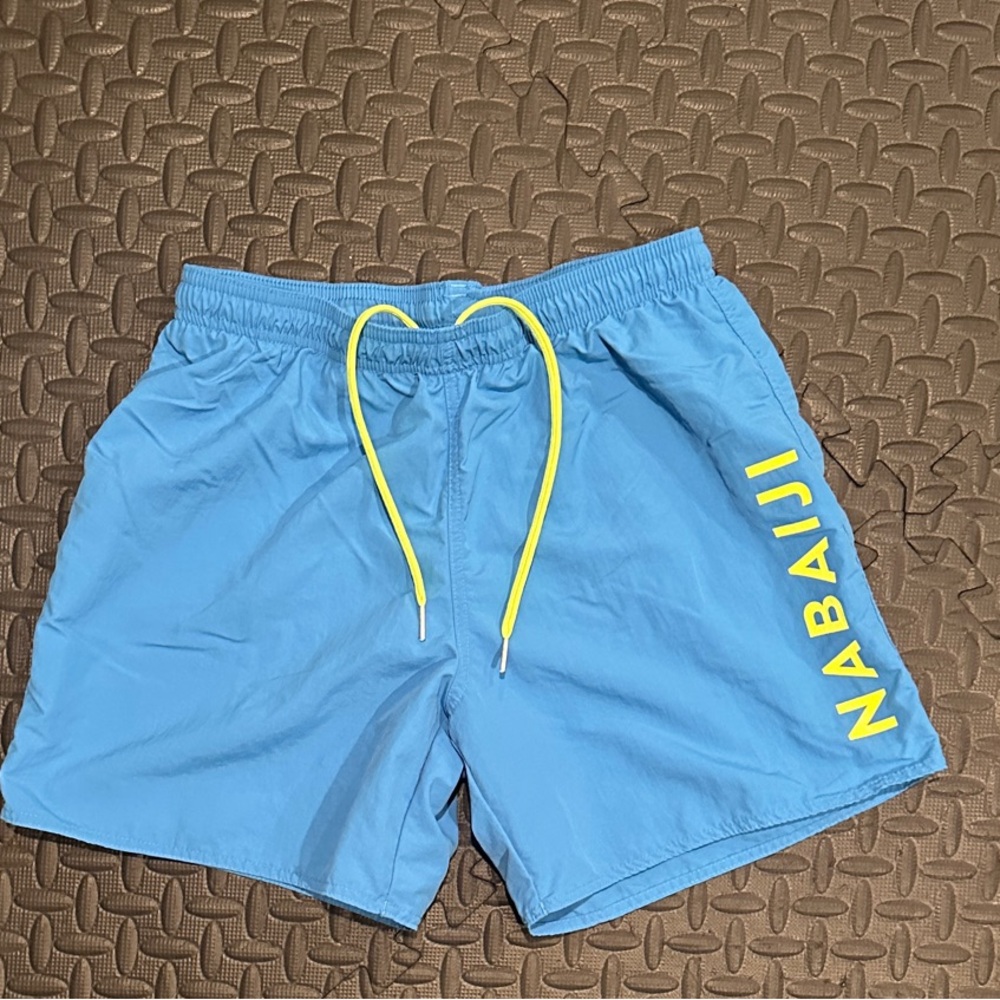 Men's Blue Swim shorts with bright yellow accents. EUC